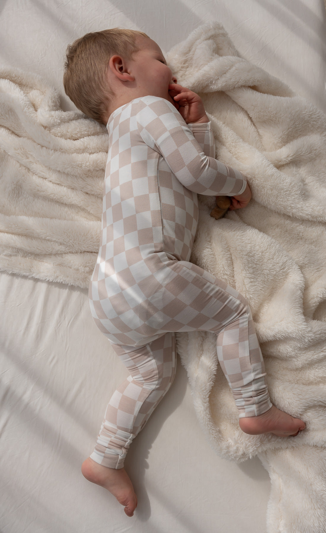 Bamboo Zip Romper - Beige Checkers