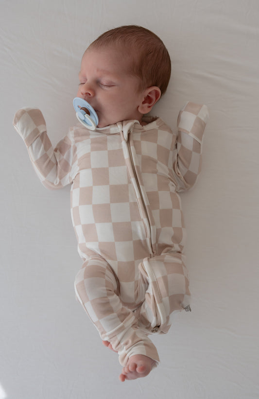 Bamboo Zip Romper - Beige Checkers